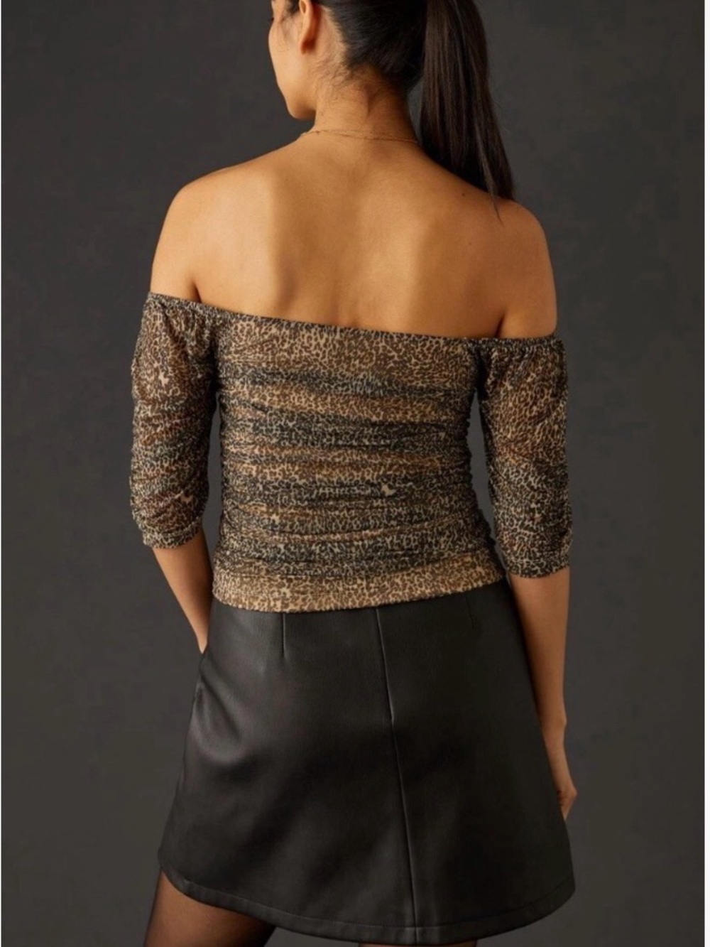Anthropologie Leopard Mesh Off Shoulder Ruched Top Size Small - Picture 2 of 7